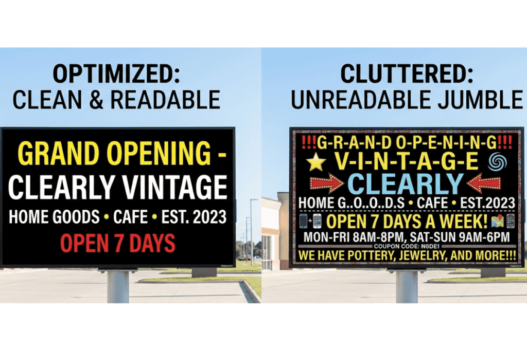 Bright, colorful LED signs advertising grand opening and vintage home goods in Broken Arrow.