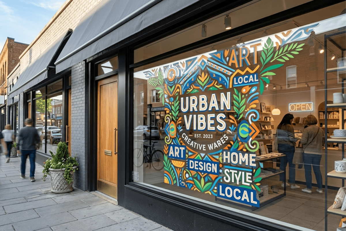Colorful storefront window mural reading 'Urban Vibes' with 'Art Local' and 'Open' sign; customers inside the shop.