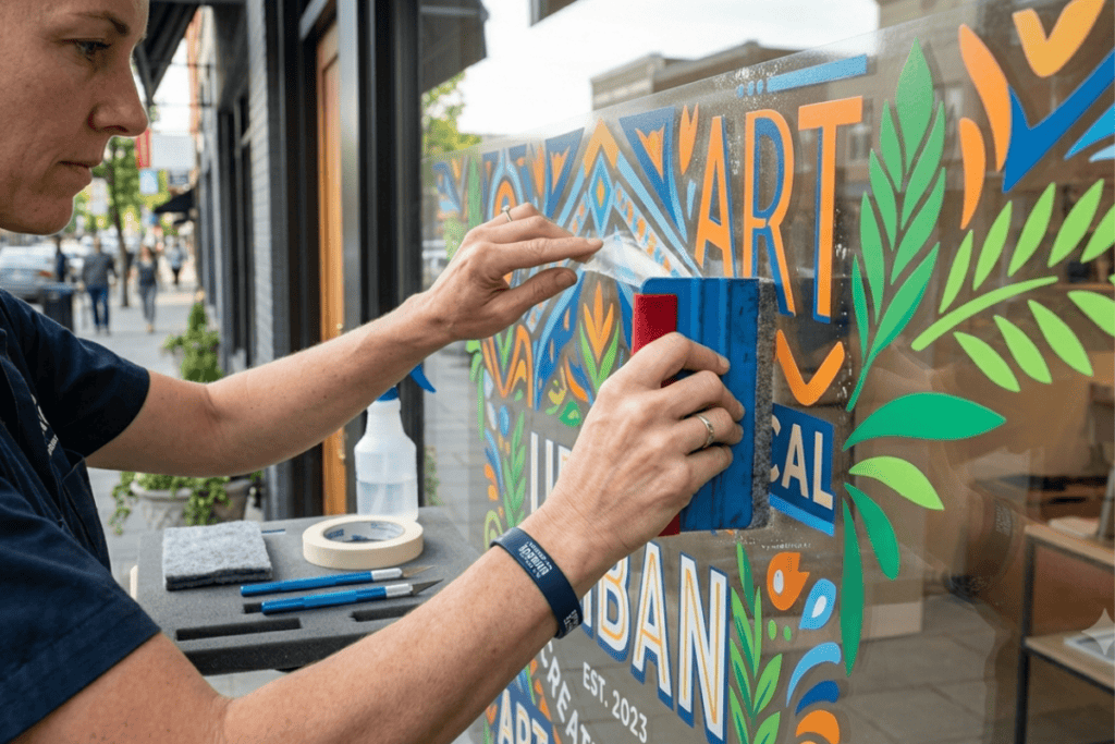 Person is applying colorful vinyl art to a shop window with a squeegee and tools on the table nearby.