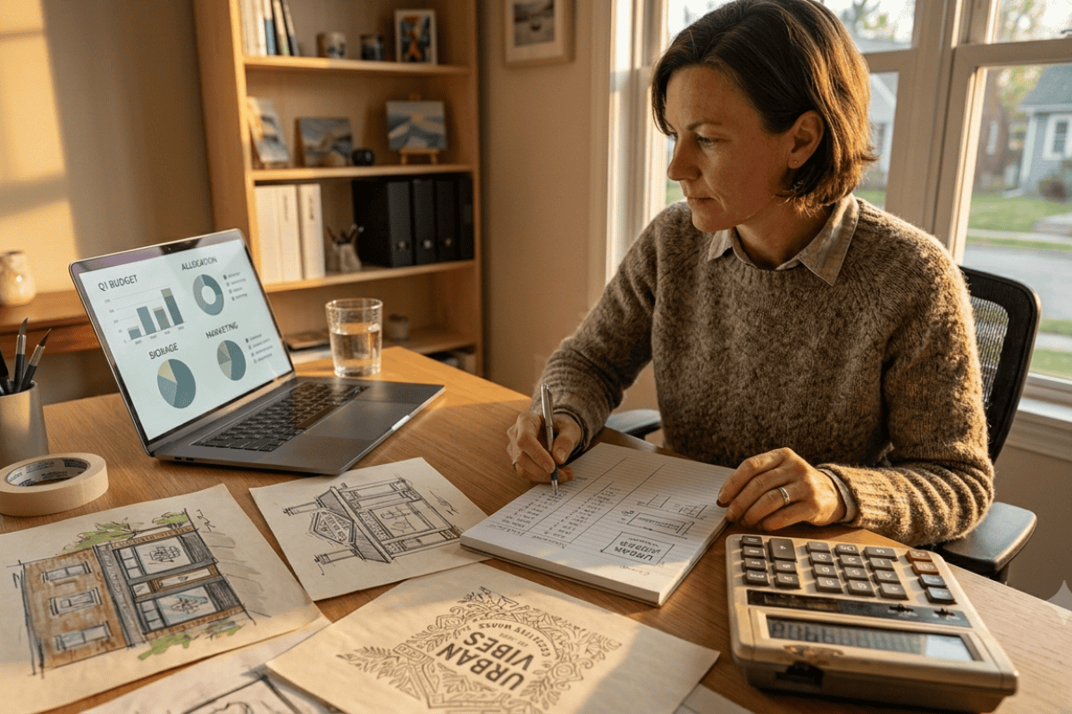 Woman planning business signage budget with sketches and laptop.