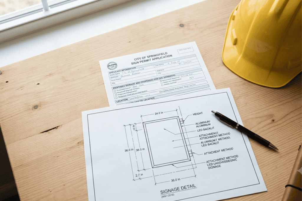 Blueprint plans showing signage details on a desk, with a yellow hard hat and a pen nearby.