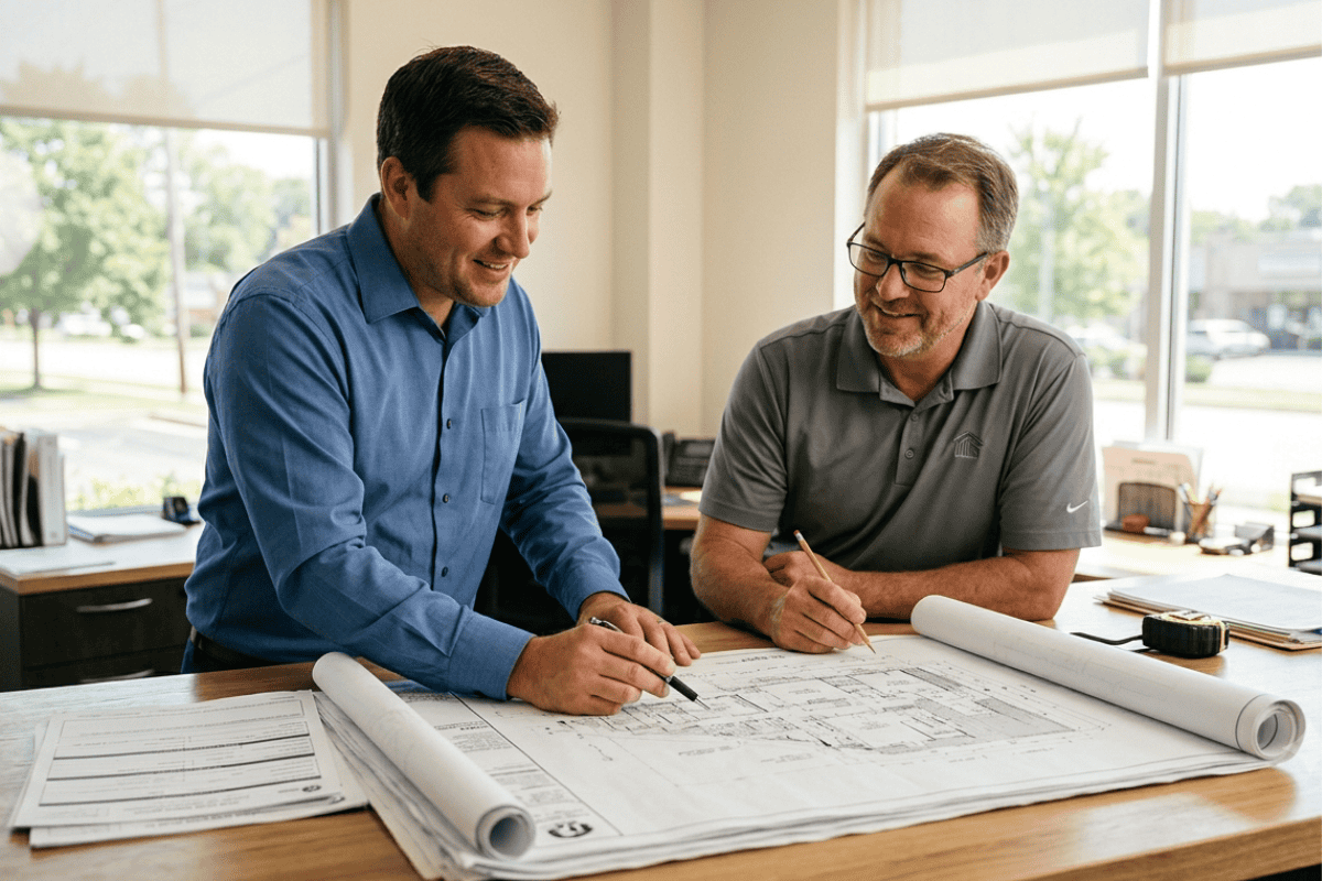 Two men examining architectural blueprints on a large office table, daylight streaming in through windows.