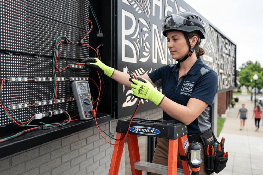 Technician repairing outdoor business sign with electrical tools in Broken Arrow.