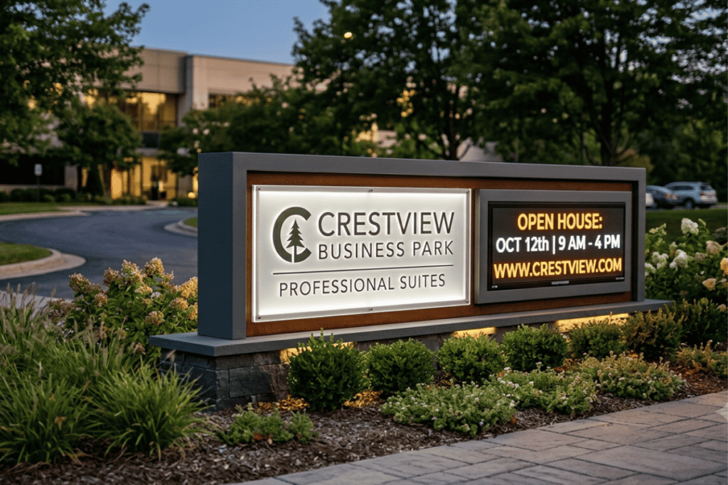Crestview Business Park Monument Sign - Acuraneon | Custom Signs | Broken Arrow Illuminated Crestview Business Park sign with logo and 'PROFESSIONAL SUITES' text, framed by landscaping at dusk.