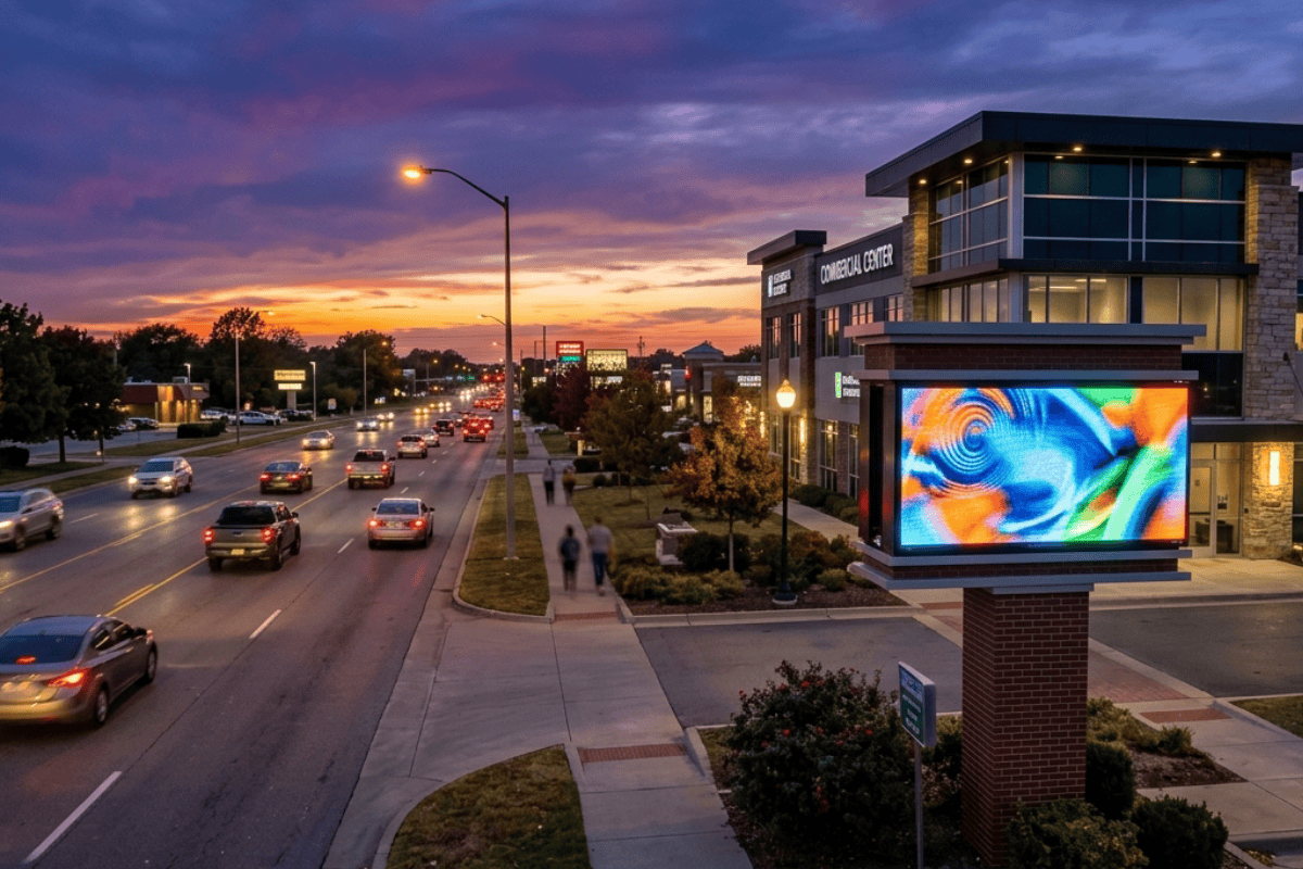 Urban street at dusk with cars on a multi-lane road and a modern shopping center with a bright digital billboard on the right dayside.
