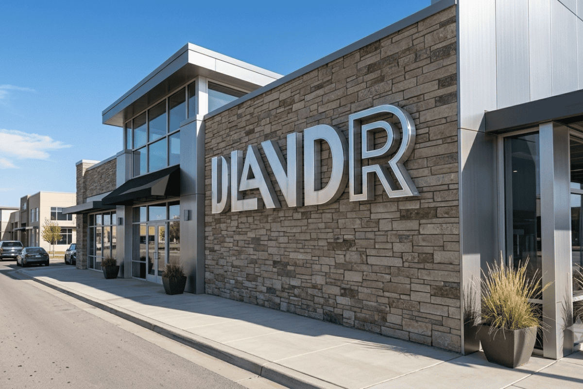 Modern building with custom raised letter sign for DLVDR branding.