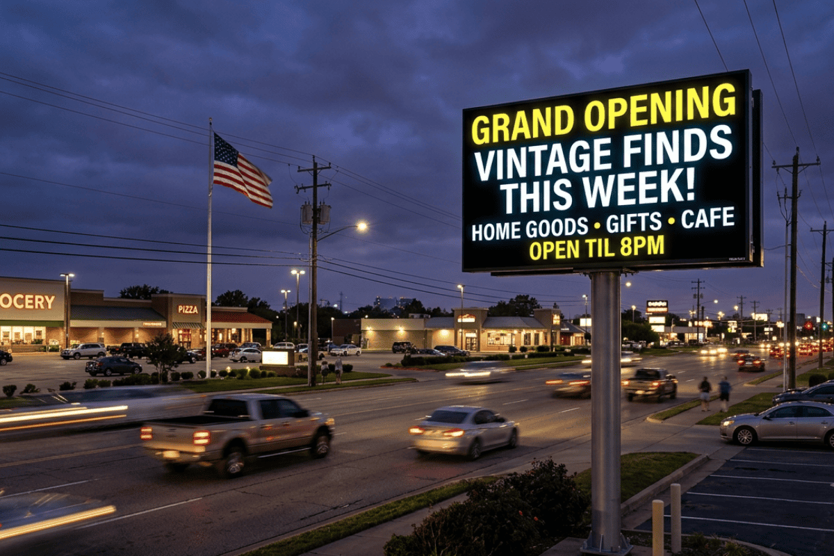 Huge illuminated billboard promotes a grand opening for vintage finds with home goods, gifts, and cafe at dusk, in a busy strip mall scene.