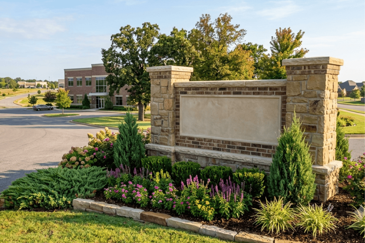 Stone brick-and-stone entrance sign with a large blank panel, framed by flowering shrubs and small evergreens in a landscaped front garden of a campus or business park.