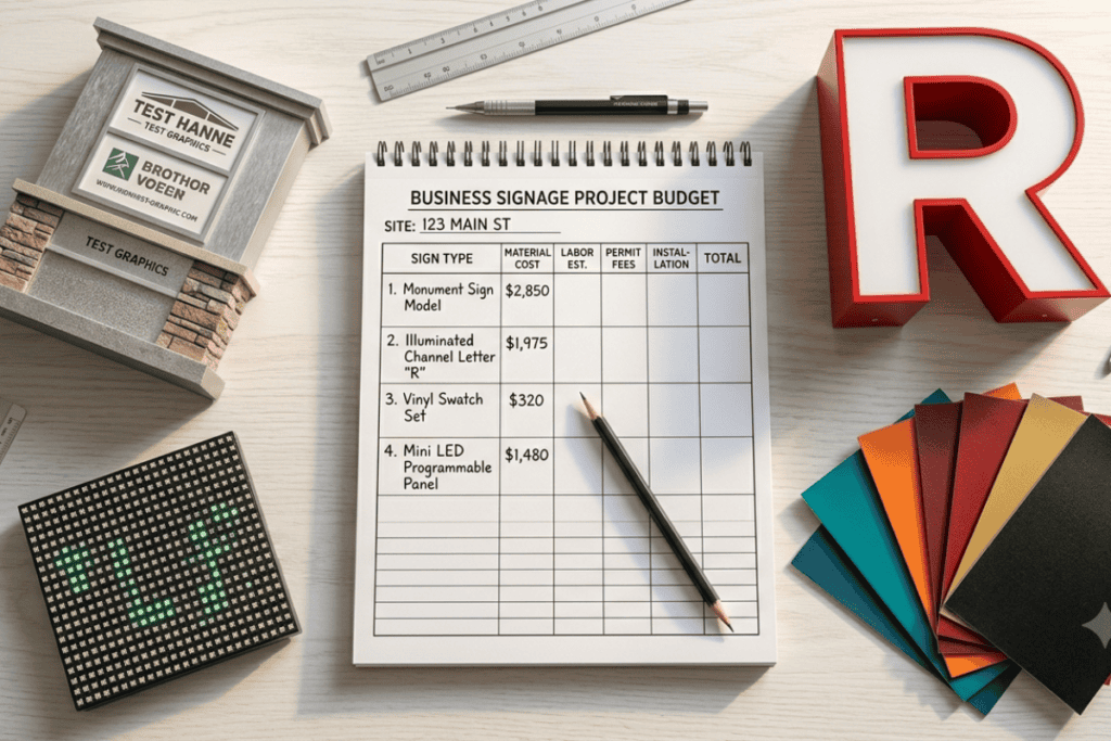 Business signage project budget sheet with samples and color swatches.