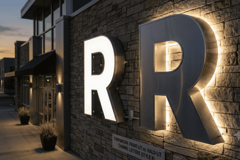 Illuminated individual raised letter signs on building exterior at dusk.