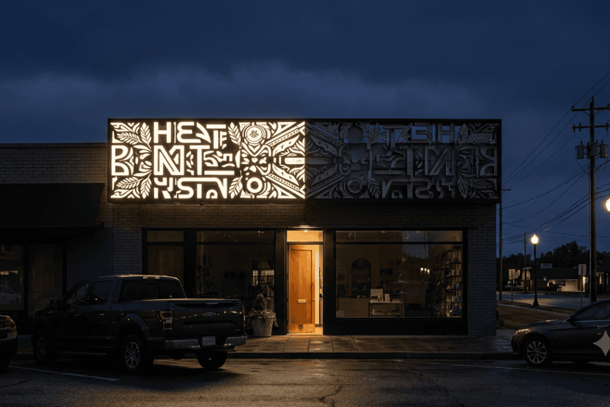 Illuminated custom sign for Acuraneon in Broken Arrow at night.
