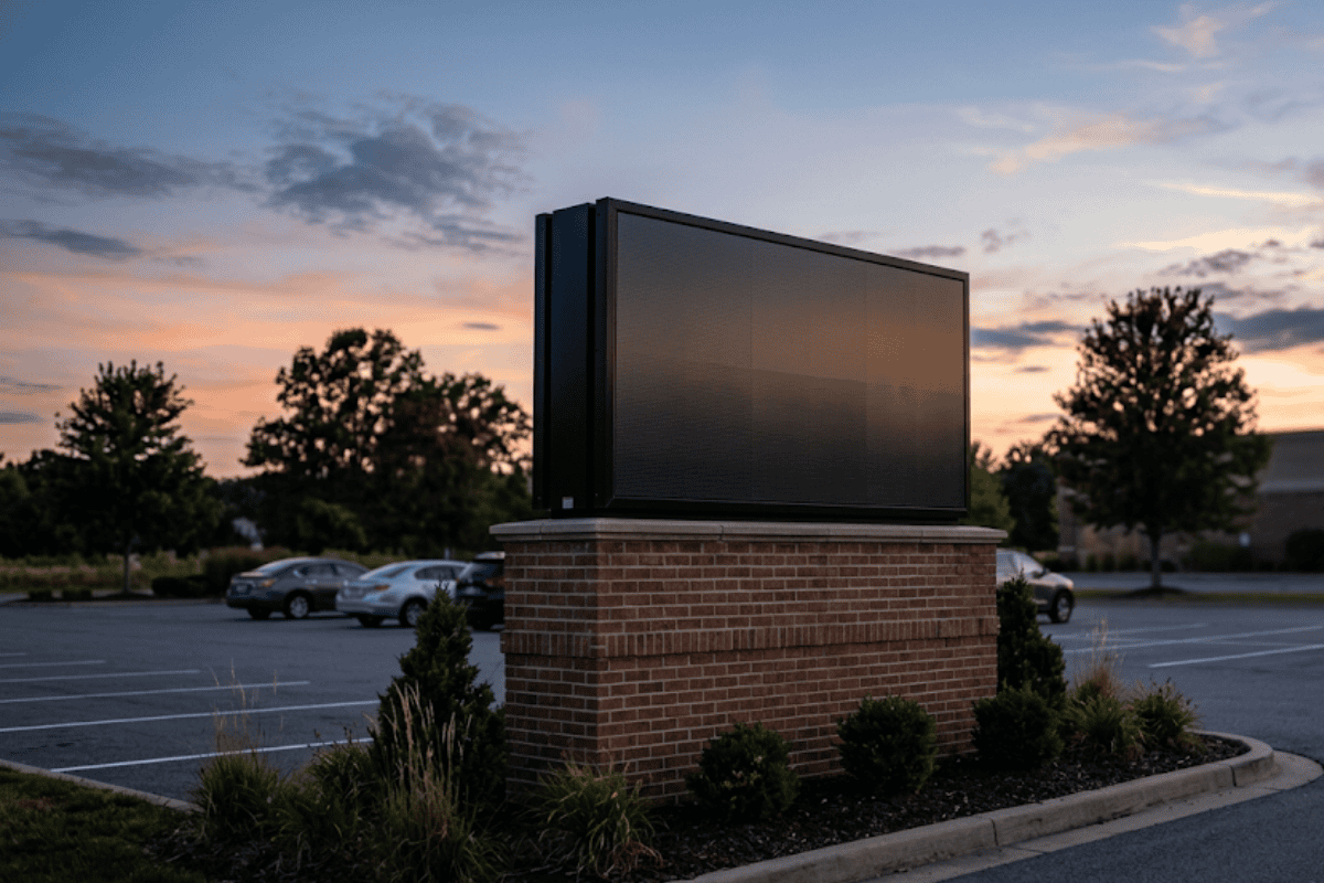 Large empty digital billboard on a brick pedestal in a parking lot at sunset.