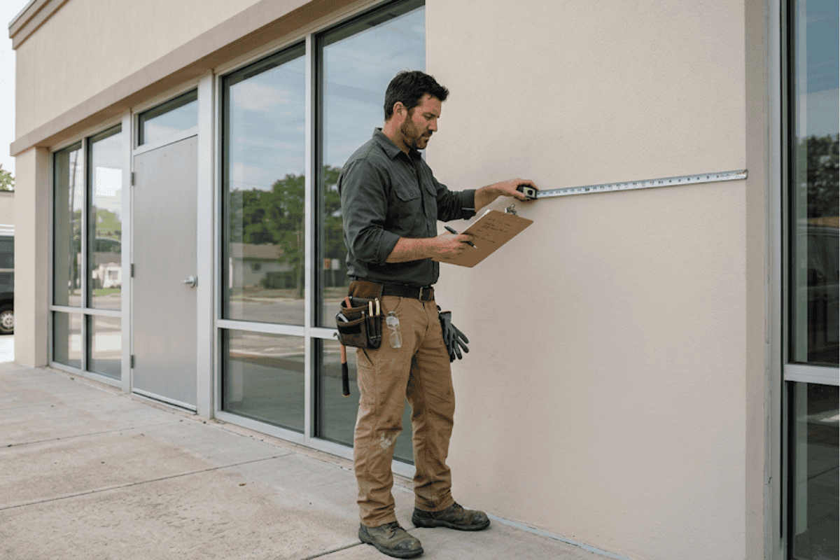 Construction worker measures an exterior wall with a tape measure while writing on a clipboard.