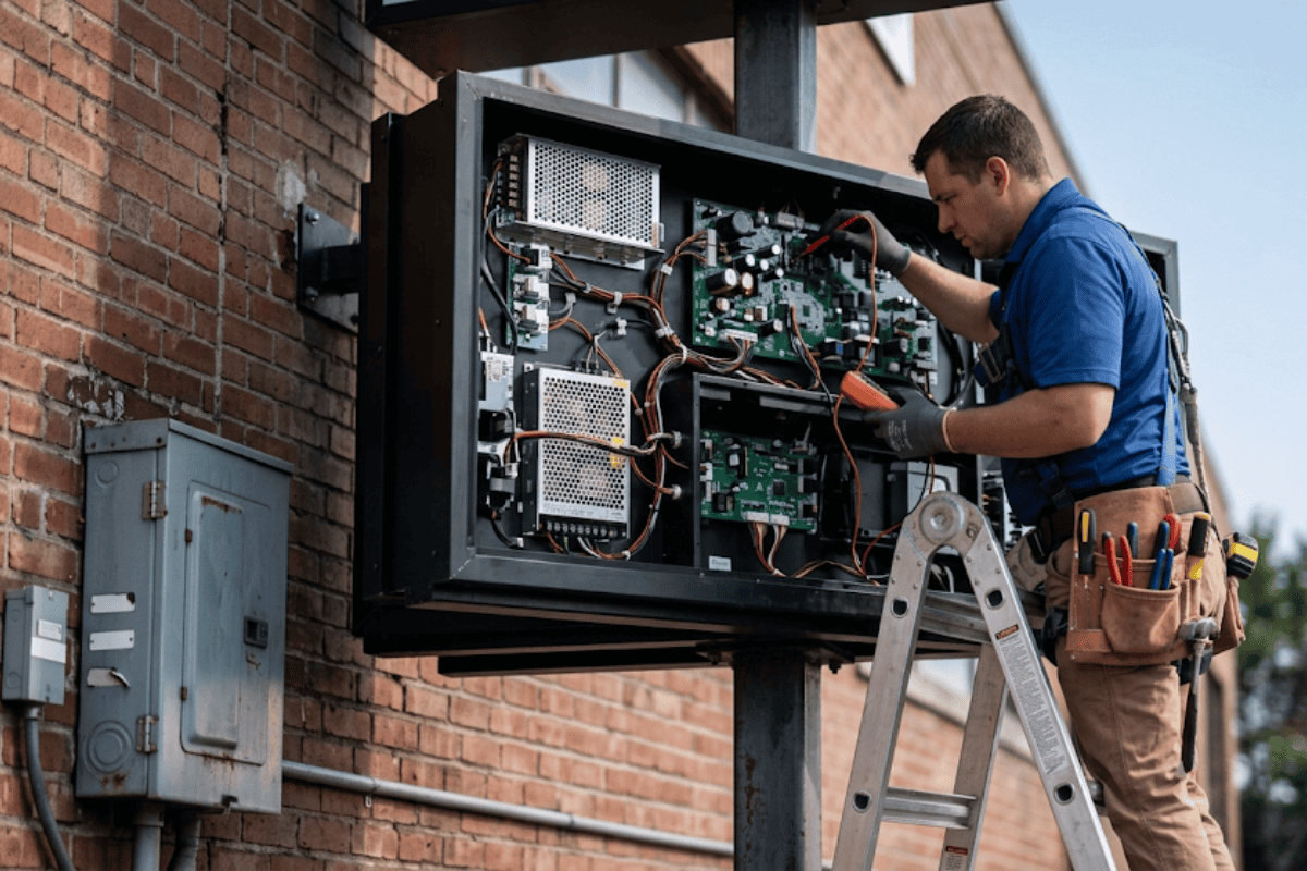 Technician in a blue shirt repairing an outdoor electronic control panel mounted on a brick wall, standing on a ladder.