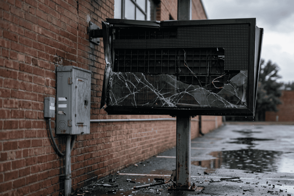 Broken outdoor billboard on a metal stand beside a brick wall, with shattered glass and debris on the wet ground outside the building.