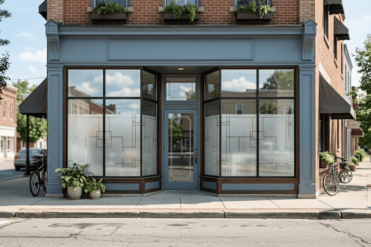 Corner storefront with blue trim, large glass windows, and a centered glass door; potted plants and bicycles on the sidewalk nearby.
