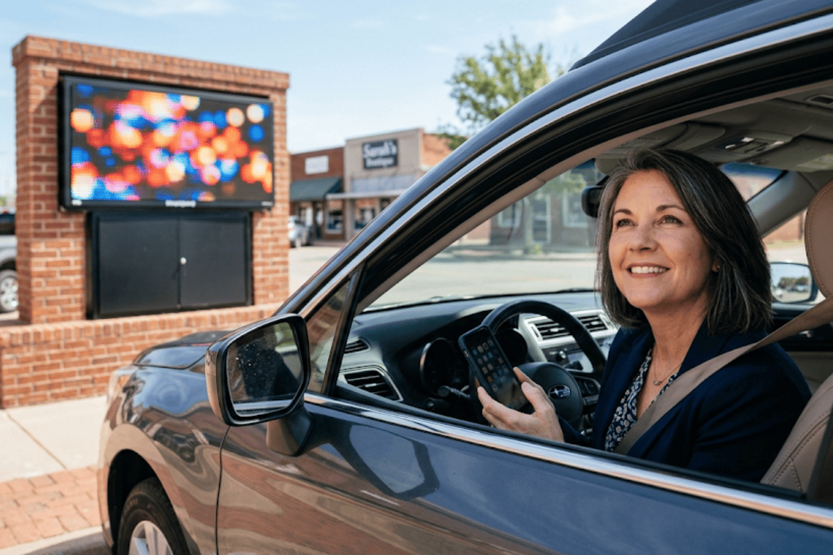 Smiling woman sits in the driver’s seat of a car, holding a smartphone in her hand outdoors near a colorful LED billboard.