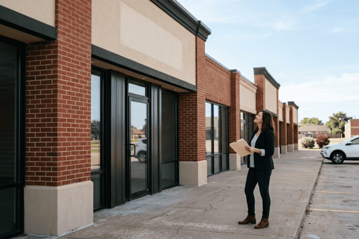 Businesswoman in blazer holding a folder stands outside brick storefronts with glass doors.