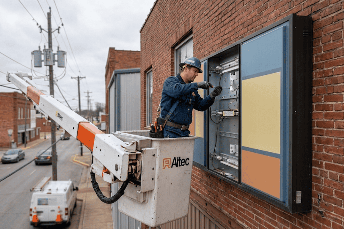Utility worker in a bucket truck repairing an electrical panel on a brick building exterior side.