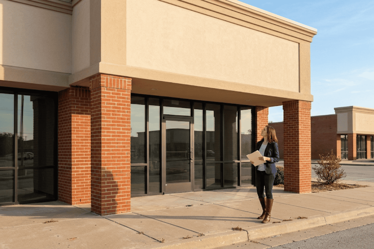 Woman in a blue blazer and boots stands outside a brick storefront with glass doors, holding a folder and looking upward at the building.