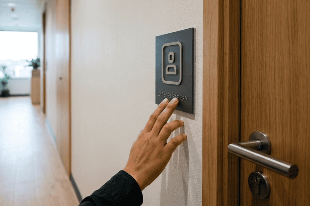 Hand reaching toward a wall-mounted door button with Braille lettering, beside a wooden door in a bright hallway.