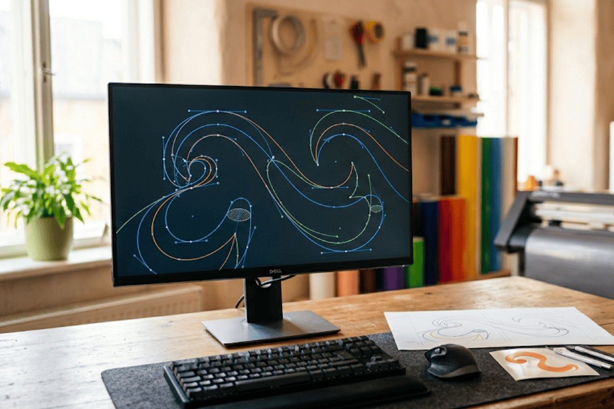 Designer’s workspace with a monitor displaying colorful vector curves and sketches on paper nearby, keyboard and mouse on a wooden desk.