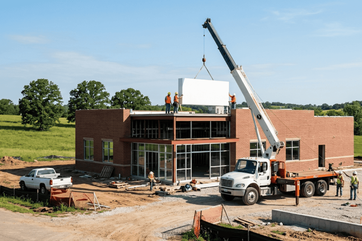 Construction crew guides a large white panel onto the roof of a brick building while a crane lifts it from a flatbed truck nearby