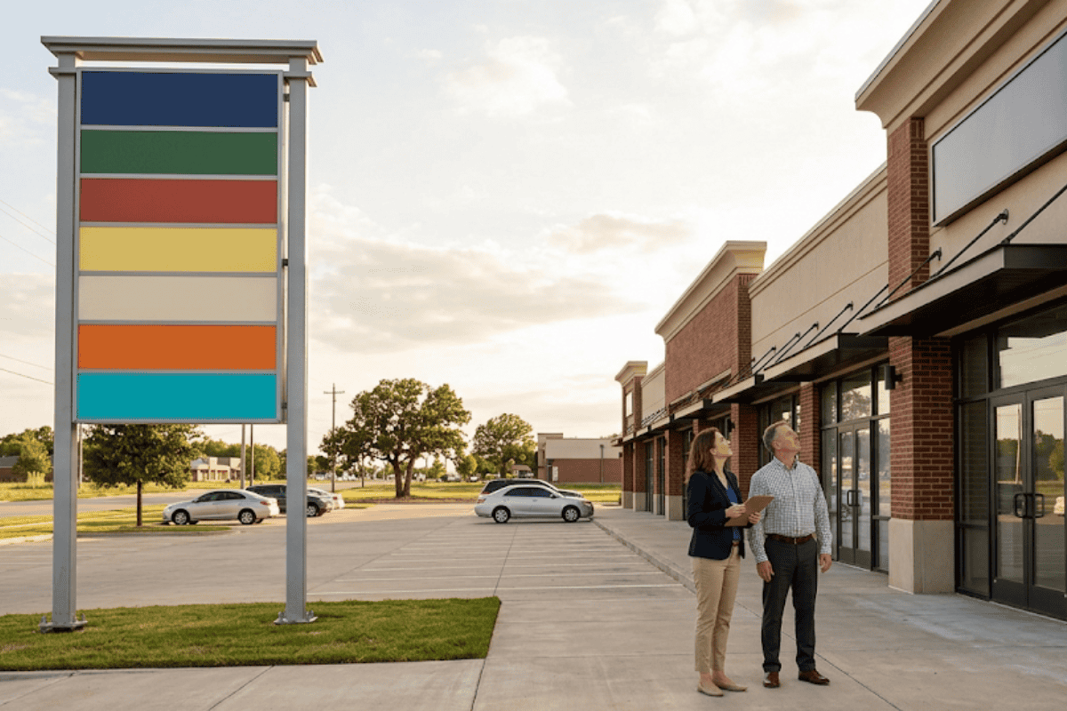 Two adults stand outside a shopping plaza looking up at a tall multi‑colored sign panel beside the storefronts.